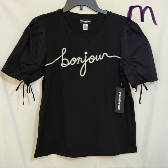 Karl Lagerfeld Black 'Bonjour' Short Sleeve Top - Picture 1 of 2